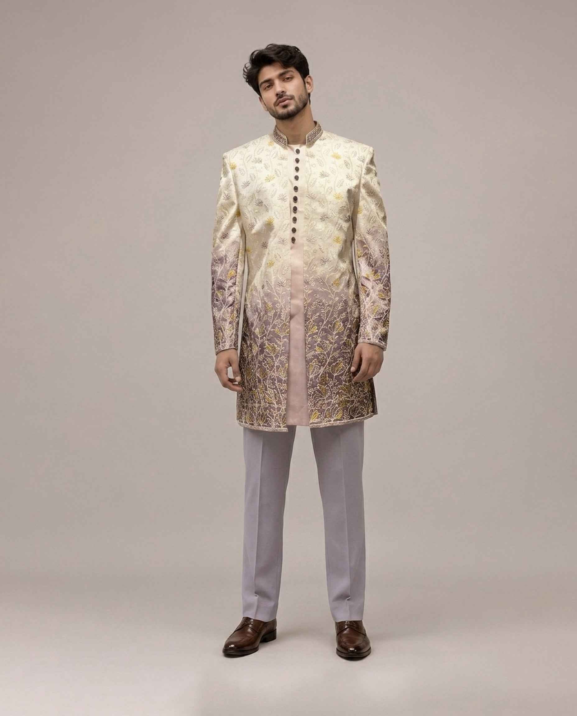 Lavender Silk Indo Western for Men with Amre Computer Embroidery Work
