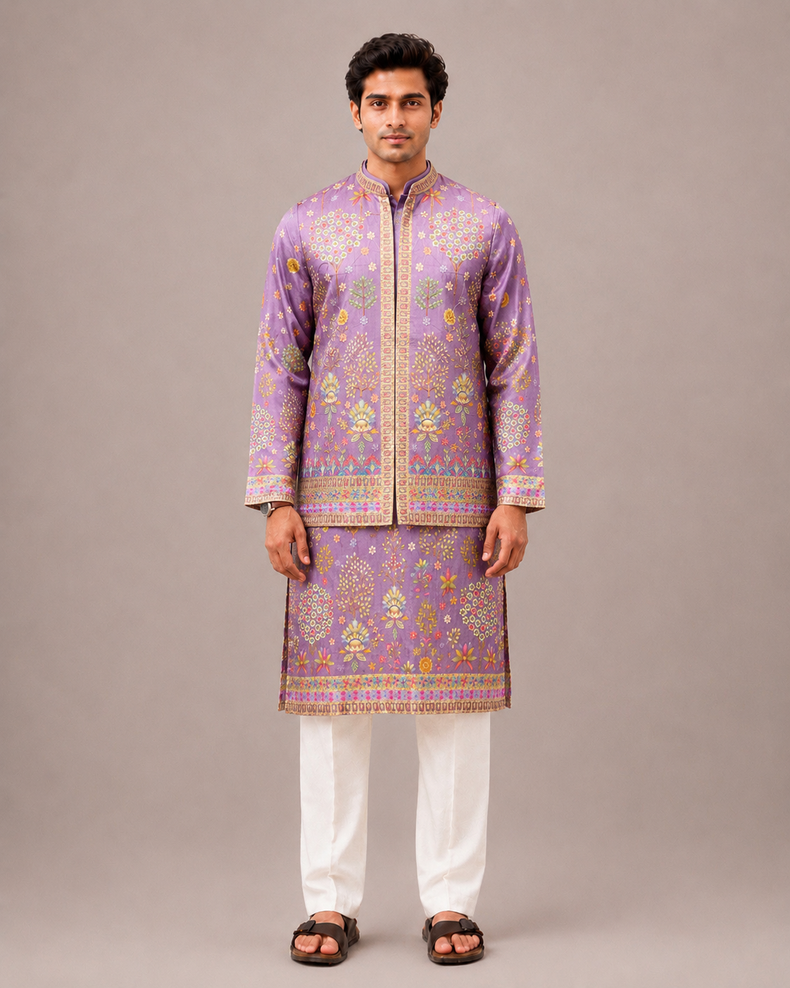 Lavender Silk Jacket Set with Print and Embroidery Work