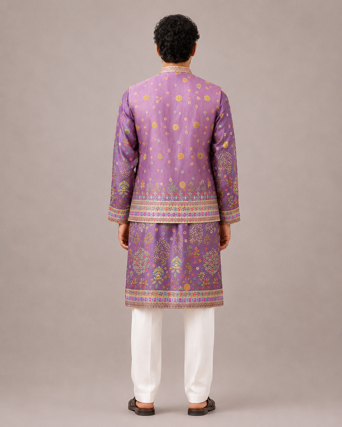 Lavender Silk Jacket Set with Print and Embroidery Work