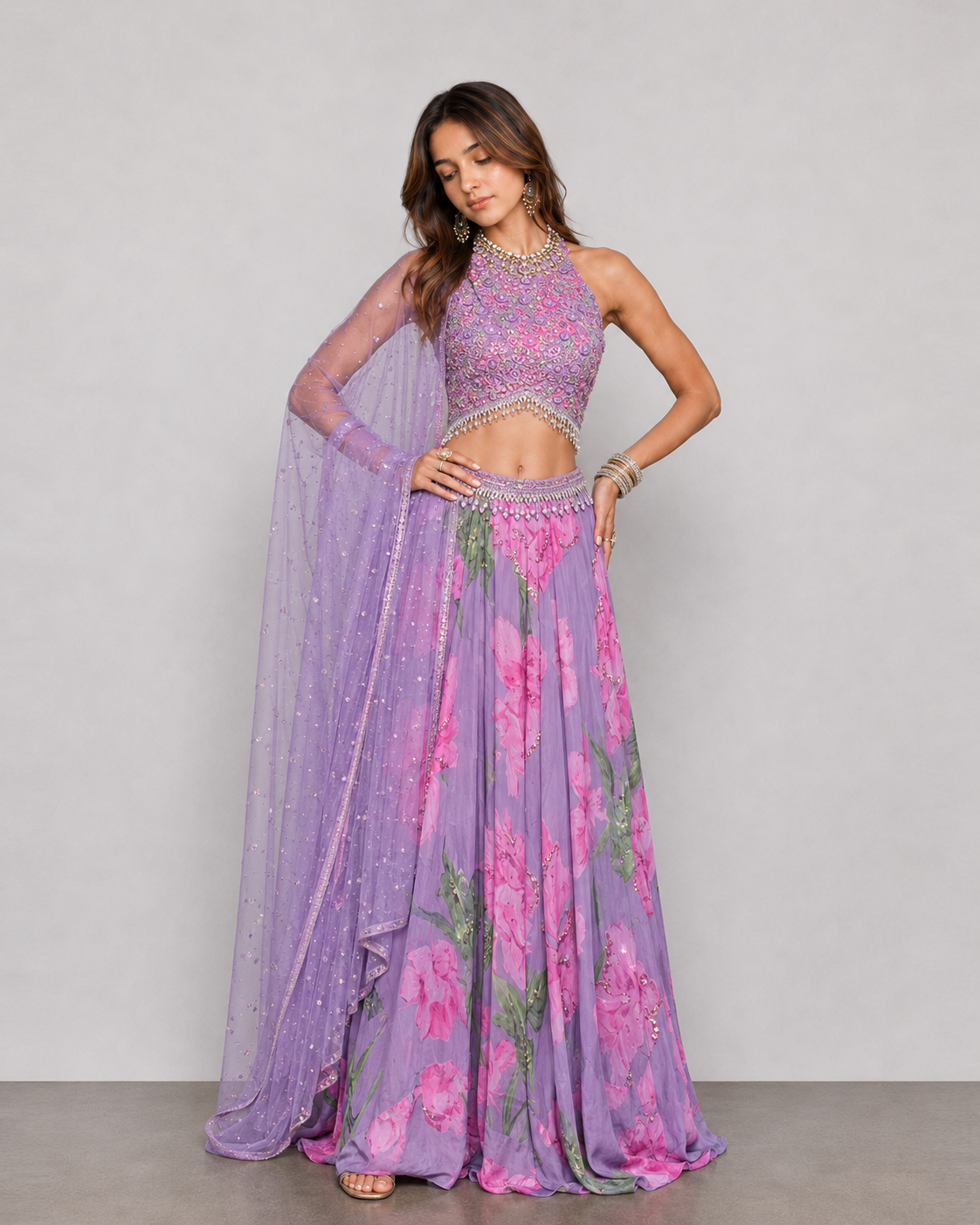 Lavender Soft Silk Choli with Sequins Pal Work and Georgette Floral Print