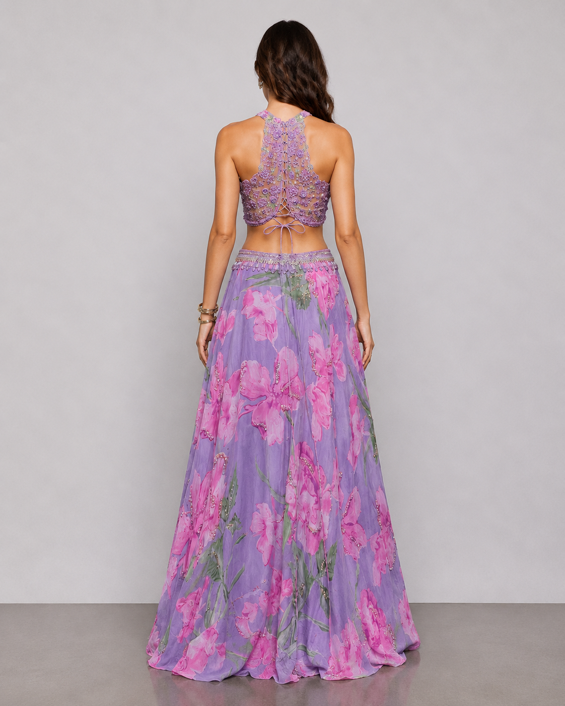Lavender Soft Silk Choli with Sequins Pal Work and Georgette Floral Print