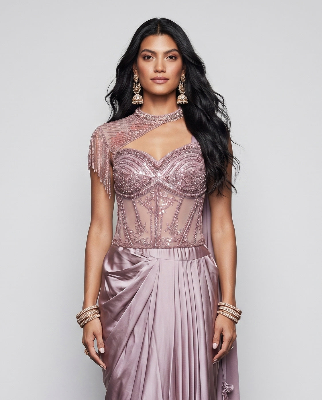 Lavender Soft Silk Indo Western Dress with Pal and Moti Work