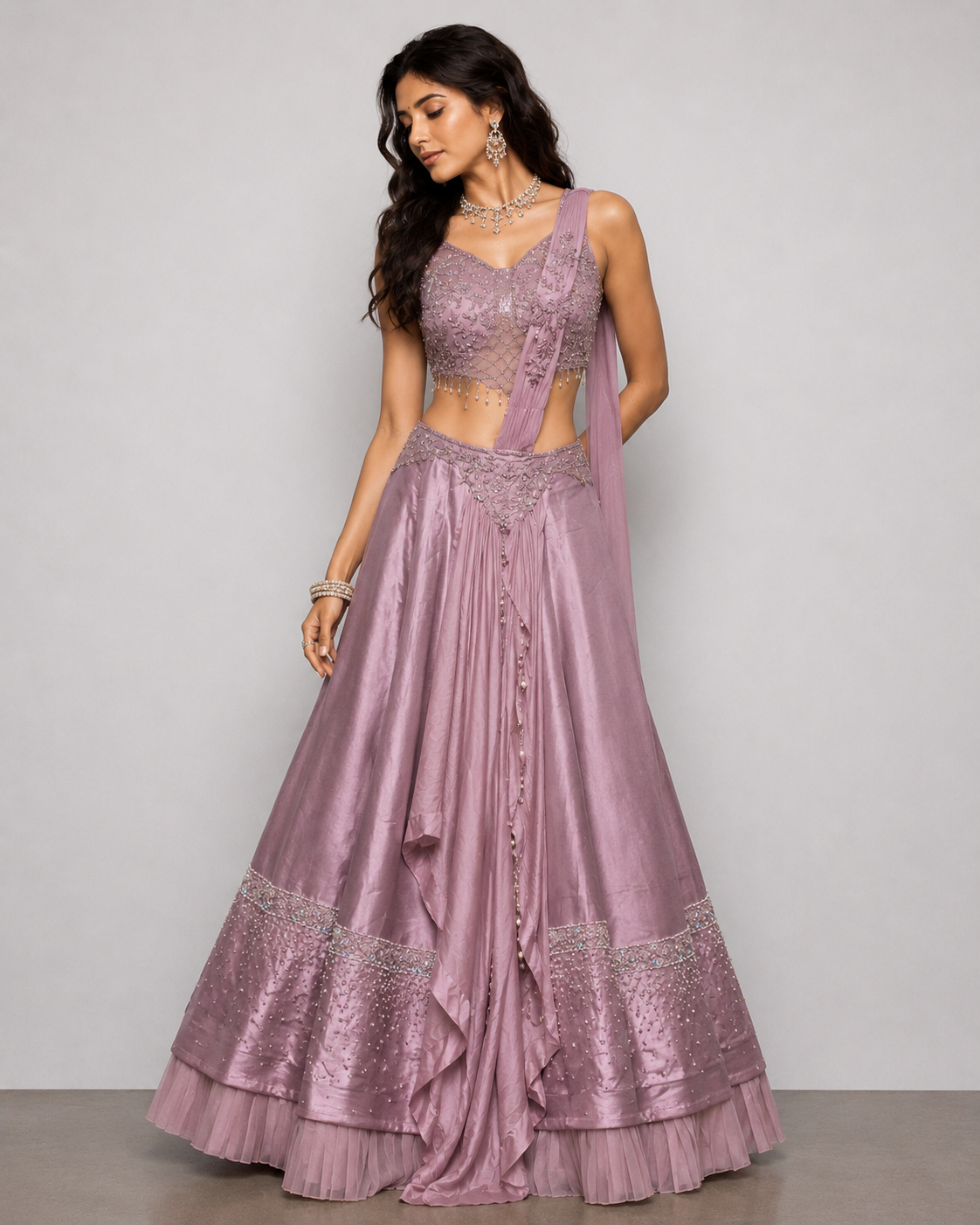 Lavender Soft Silk Lehenga Choli with Diamond, Sicon, Tikki and Stone Work