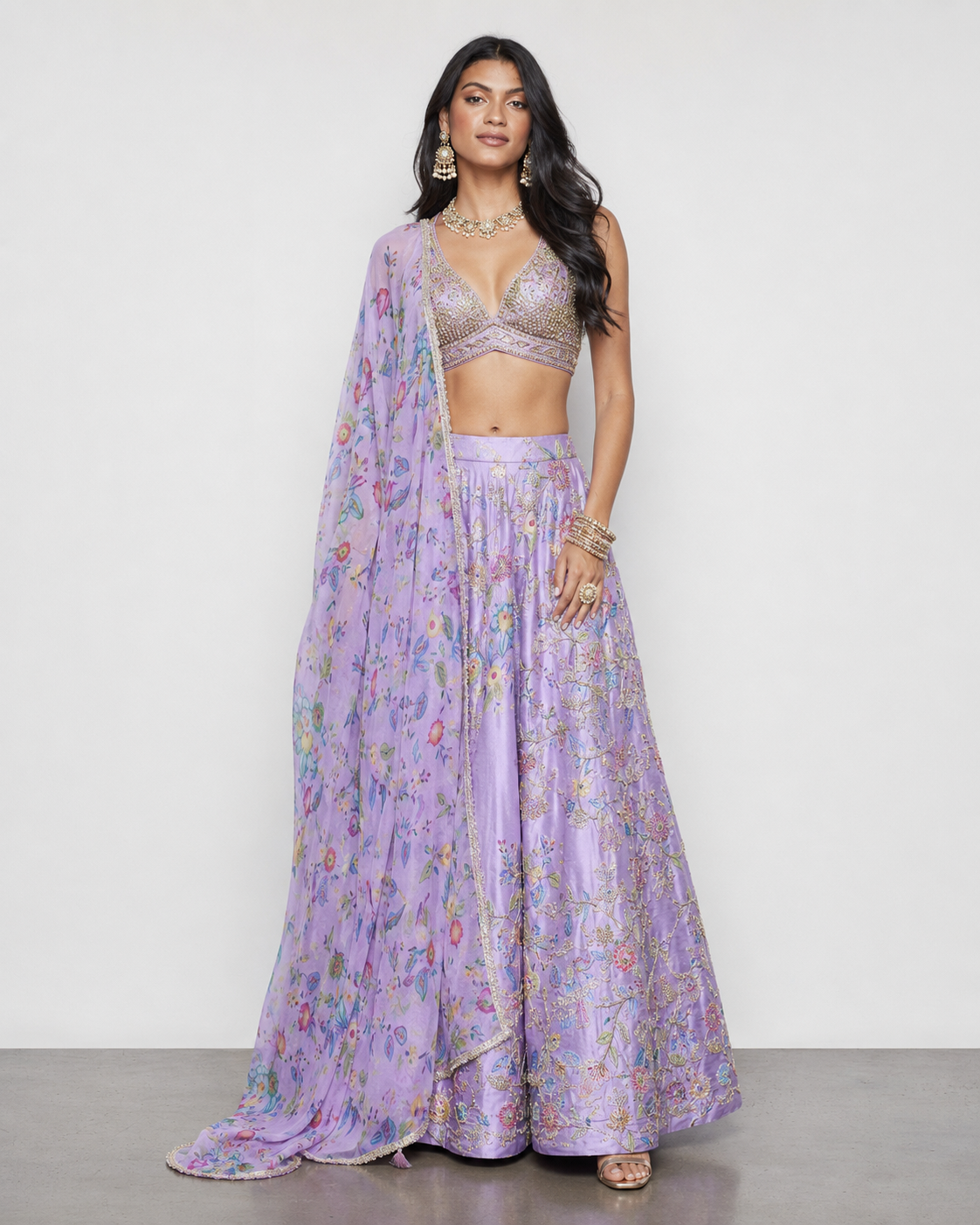 Lavender Soft Silk Lehenga Choli with Miral, Jardoshi and Sicon Work Flowers Print