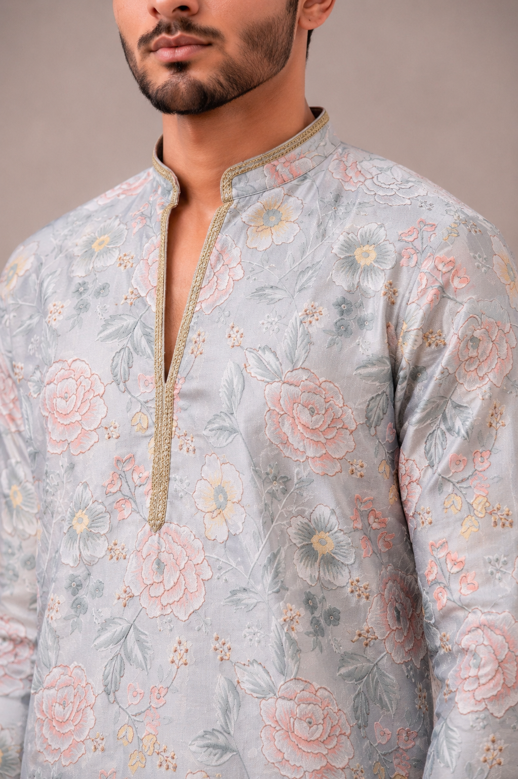 Light Blue Silk Kurta Set with V Neck Flower Print and Thread Work