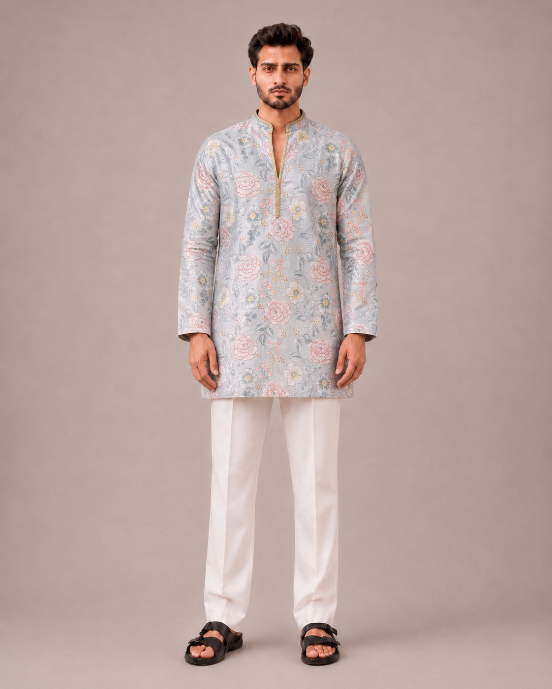 Light Blue Silk Kurta Set with V Neck Flower Print and Thread Work
