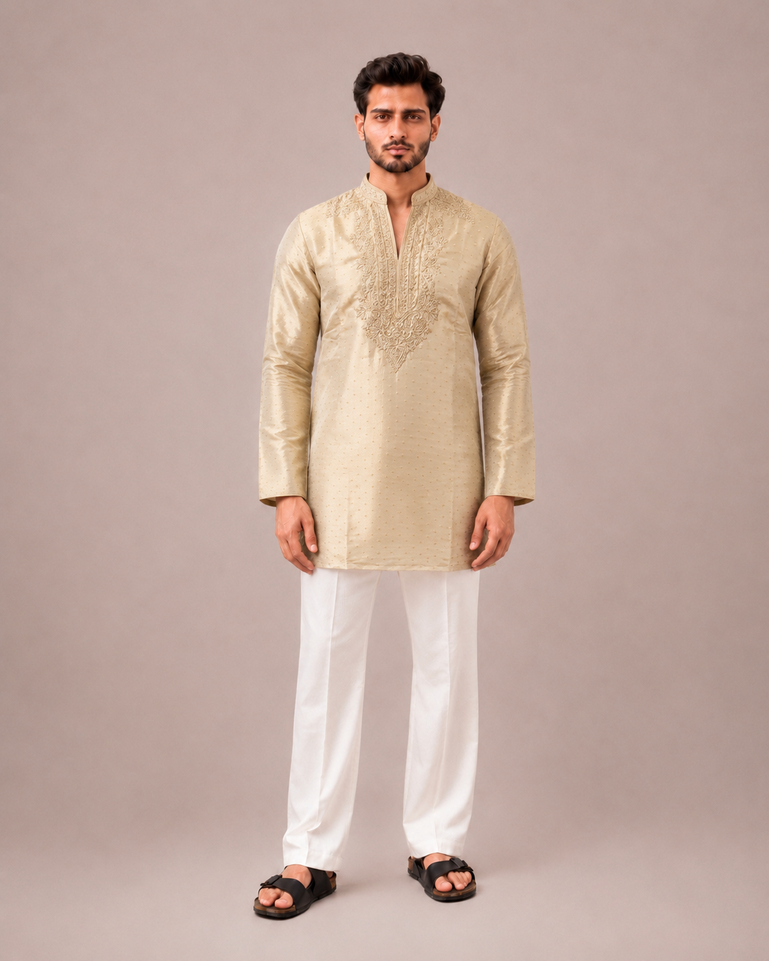 Light Gold Tissue Silk Kurta Set with Bead and Resham Embroidery Work