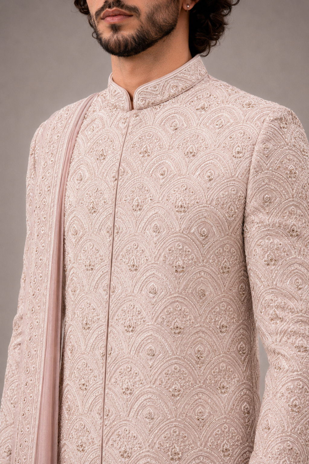 Light Pink Raw Silk Sherwani for Men with Machine Work