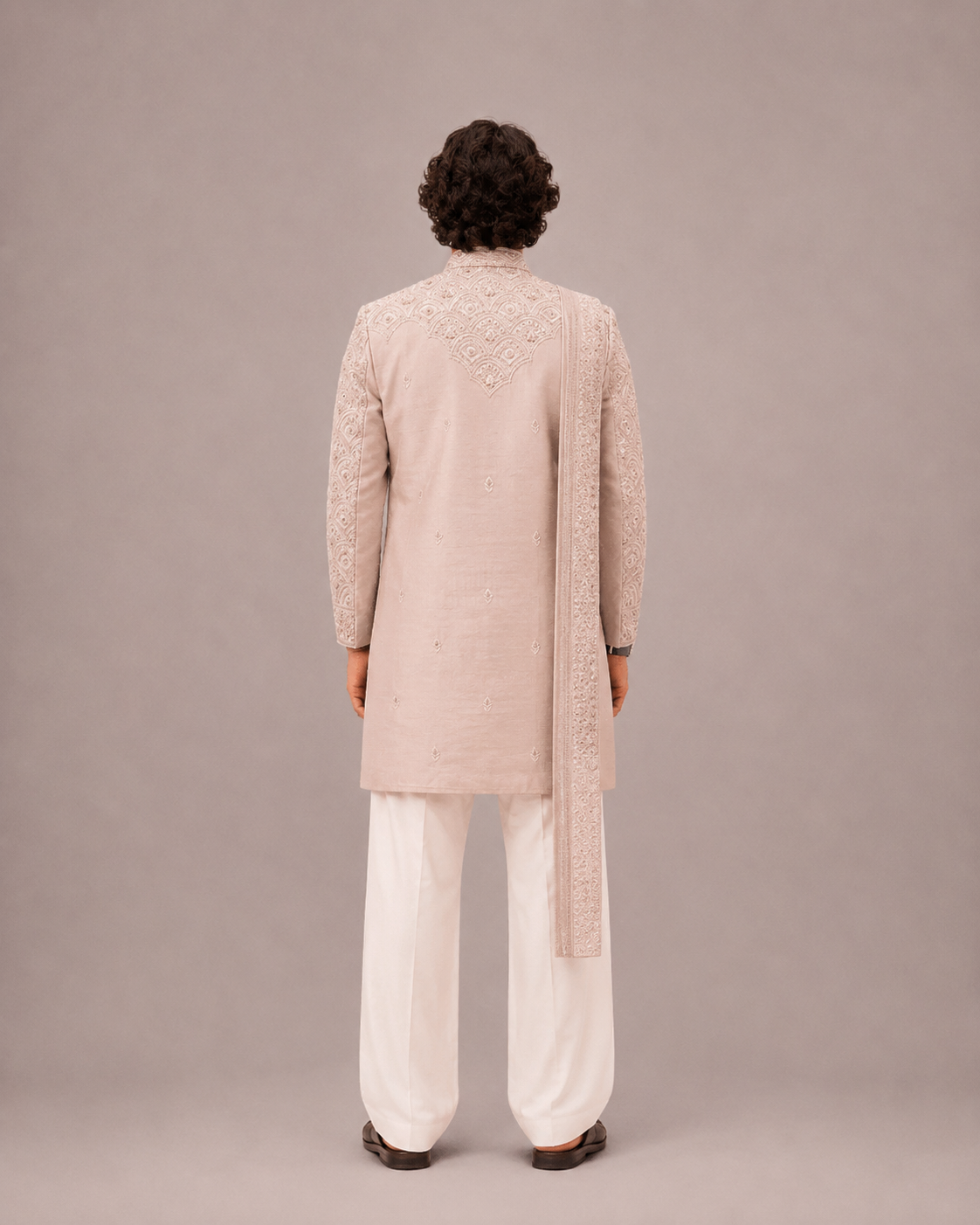 Light Pink Raw Silk Sherwani for Men with Machine Work