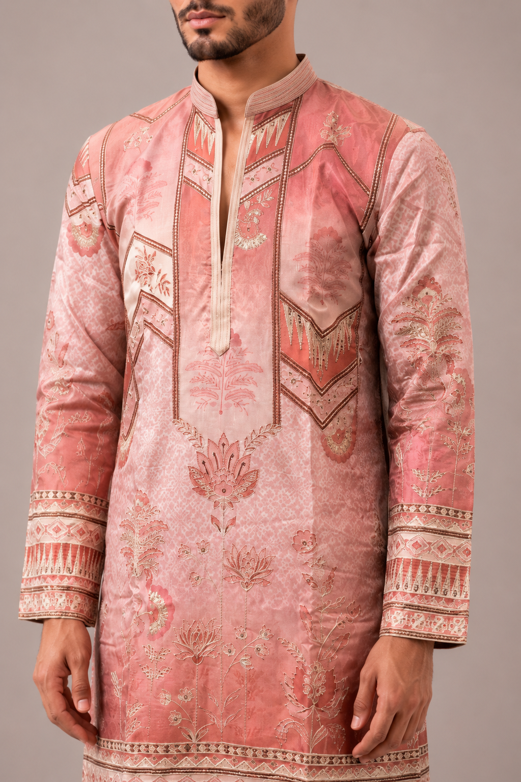 Light Pink Silk Kurta Set with Machine Embroidery Work