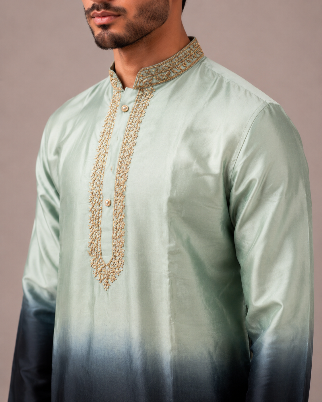 Light Pista Satin Silk Kurta Set with Hand Embroidery Work