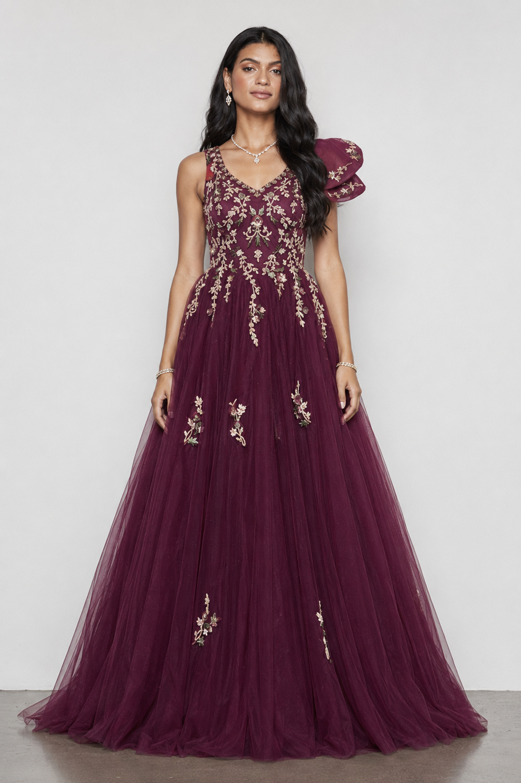 Magenta Soft Net Gown with Sequins Resham and Moti Work