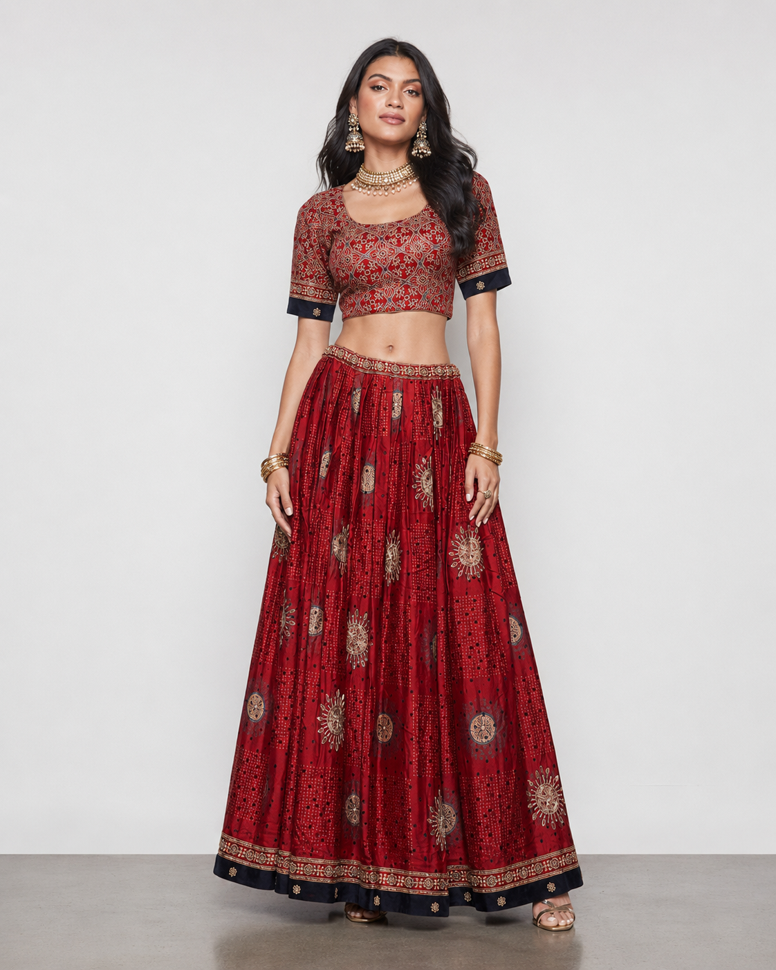 Maroon Ajrakh Silk Lehenga Choli with Ajrakh Print and Kashab Work