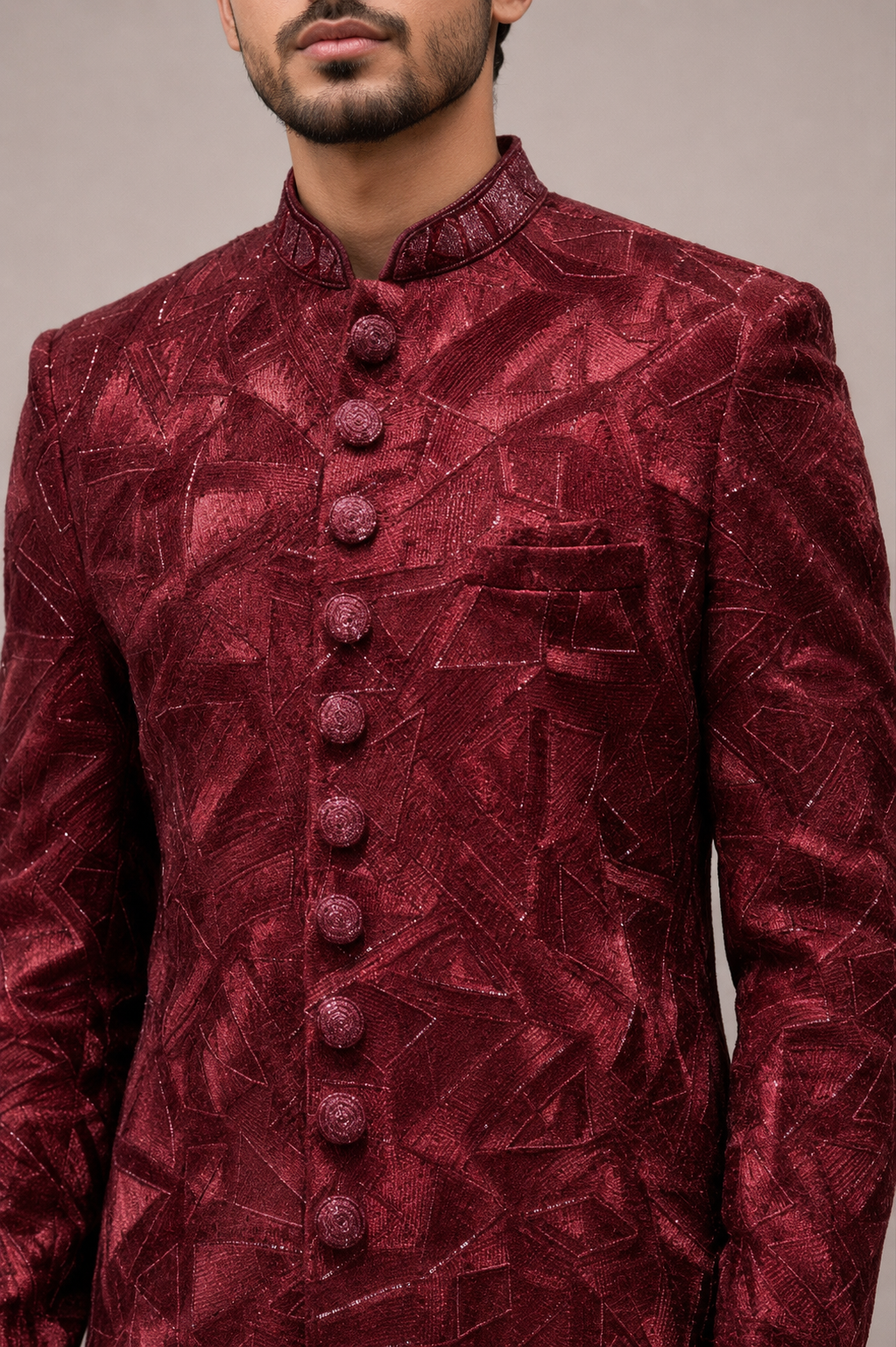 Maroon Brocade Silk Indo Western for Men with Brocade and Hand Work