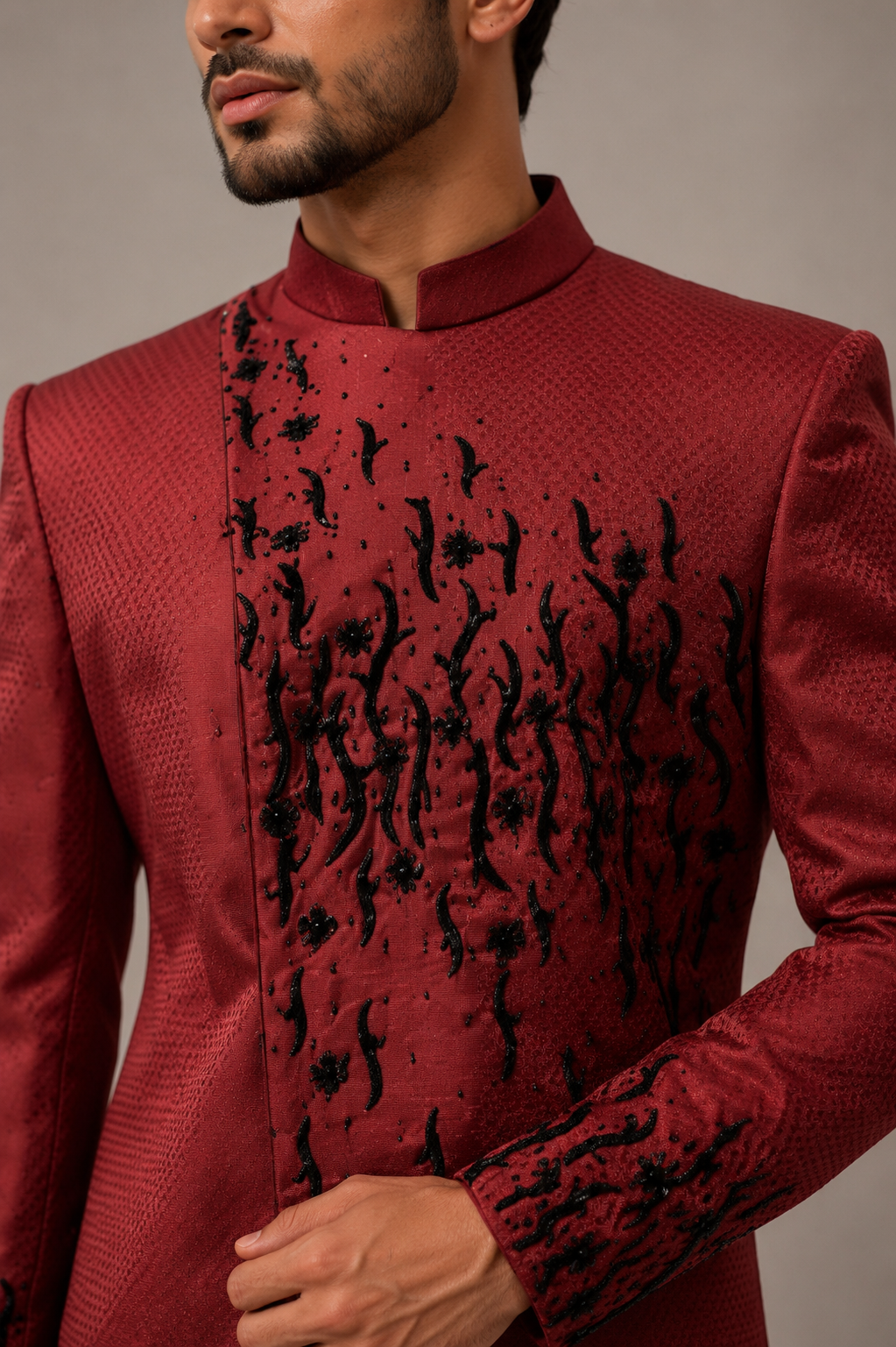 Maroon Emboss Silk Indo Western for Men with Hand Work