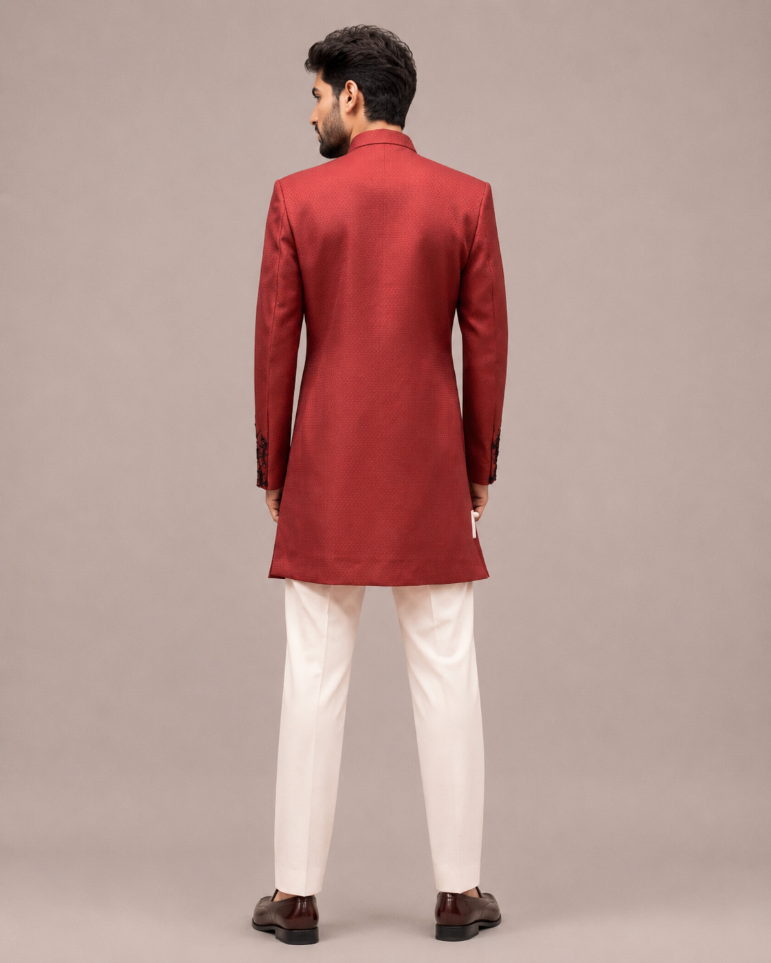 Maroon Emboss Silk Indo Western for Men with Hand Work