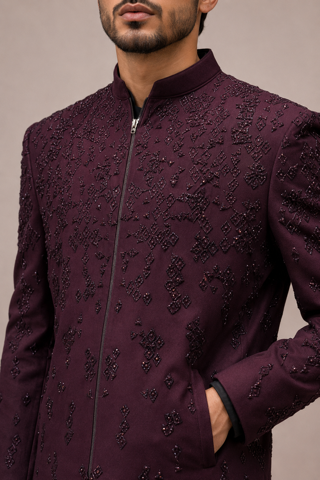 Maroon Imported Fabric Indo Western for Men with Cutdana and Hand Work