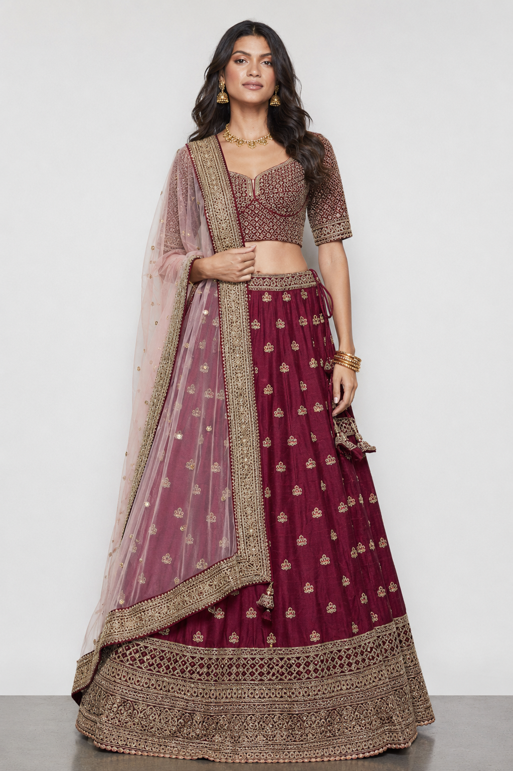 Maroon Pure Raw Silk Bridal Lehenga Choli with Kashab and Coin Work
