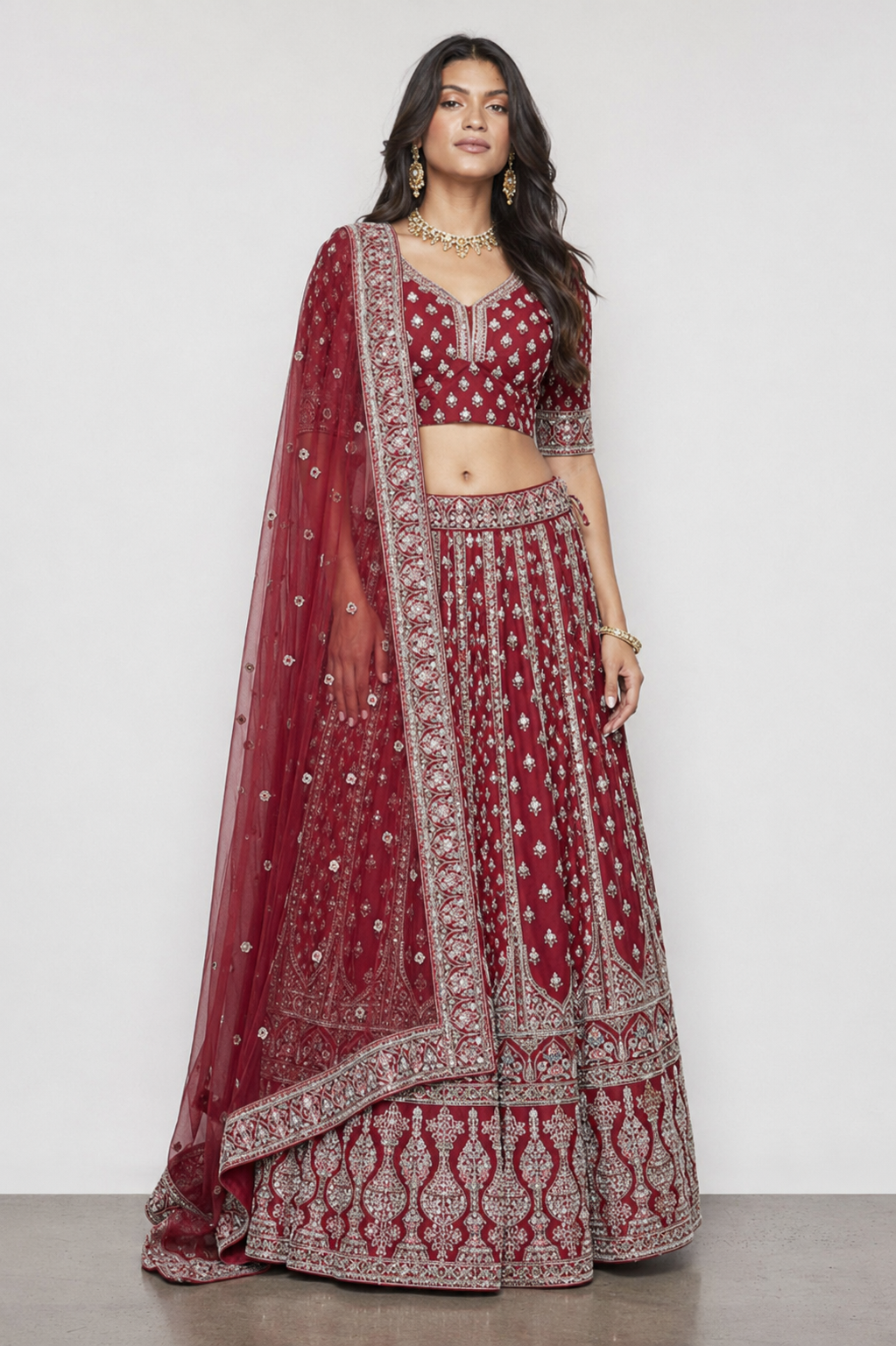 Maroon Raw Silk Bridal Lehenga with Kardana and Multi Pal Work