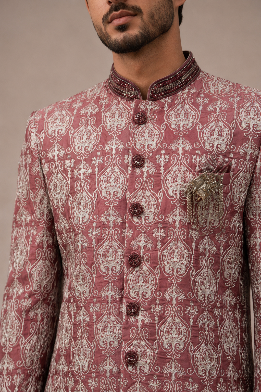 Maroon Silk Indo Western for Men with Print Work