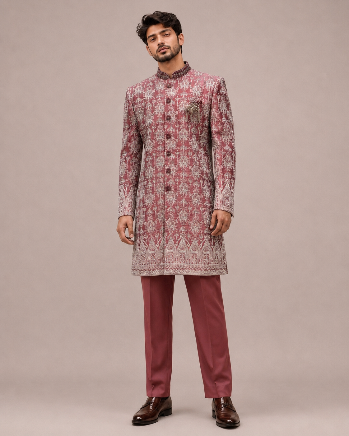 Maroon Silk Indo Western for Men with Print Work