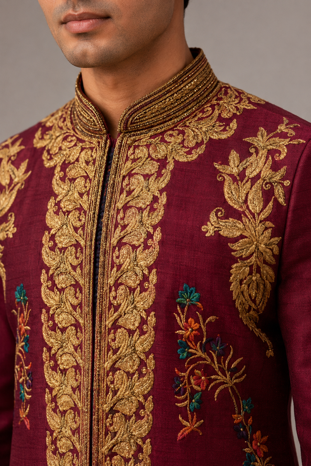 Maroon Silk Jacket Set for Men with Hand Work