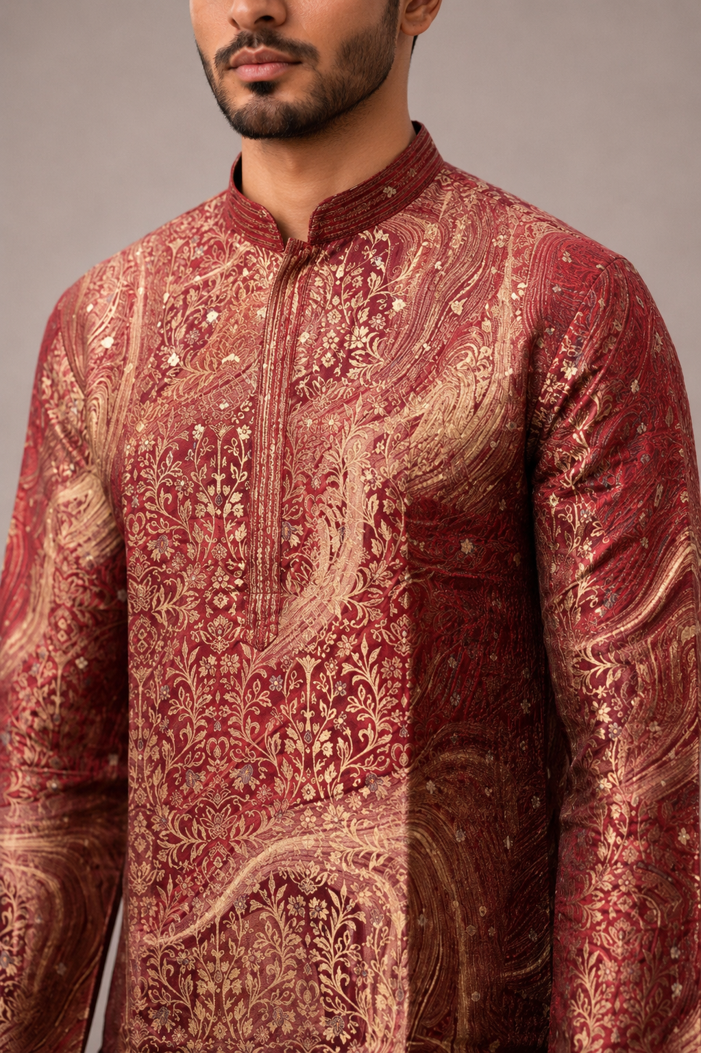 Maroon Silk Kurta Set with Brocade Silk and Weave Work