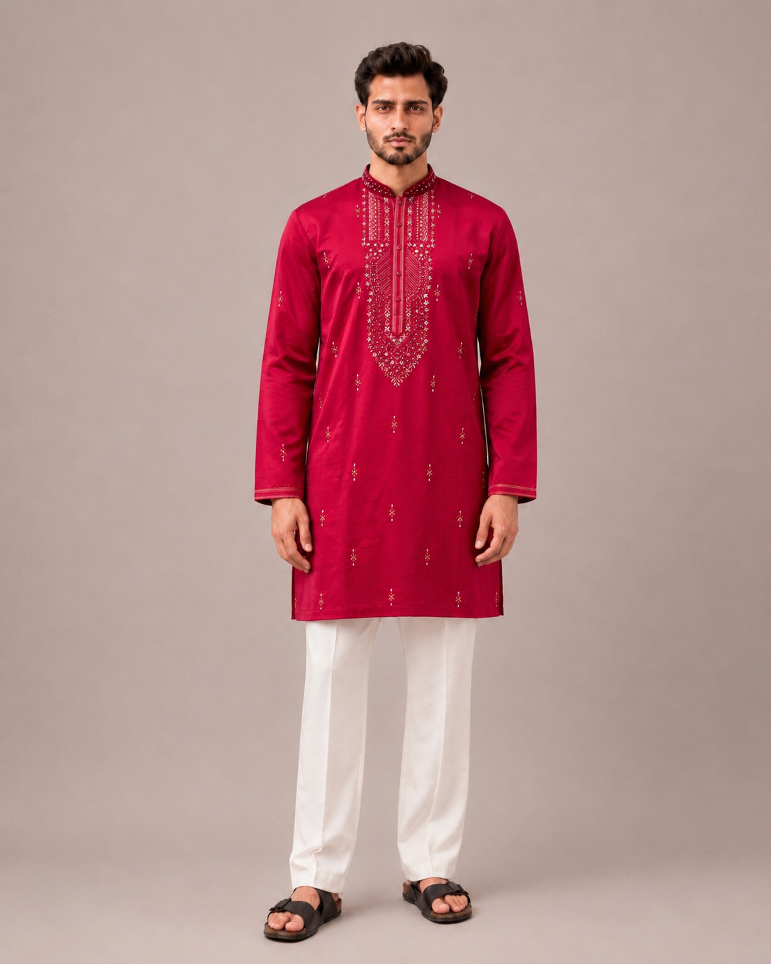 Maroon Silk Kurta Set with Machine Embroidery Work