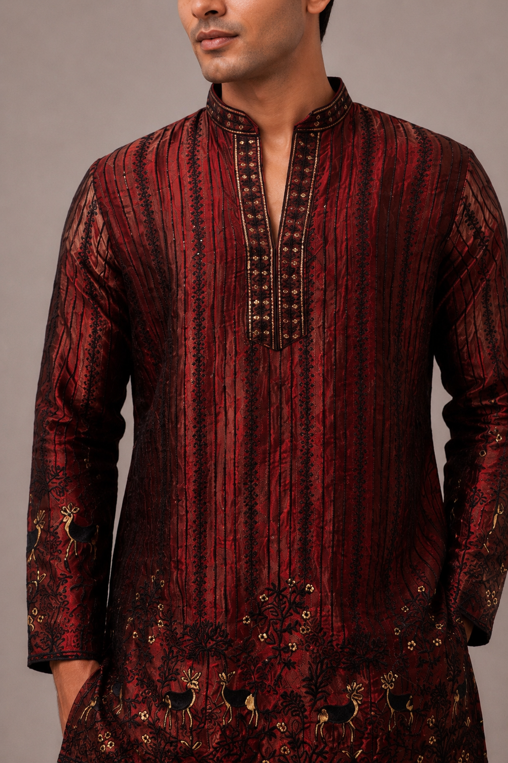 Maroon Silk Kurta Set with Machine Thread Work