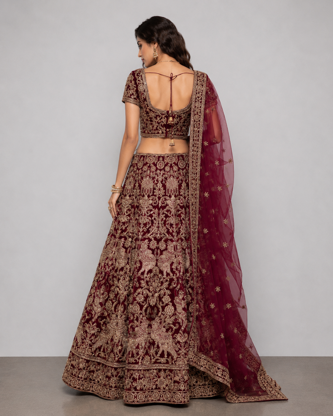 Maroon Velvet Silk Lehenga Choli with All Over Zardozi and Diamond Hand Work