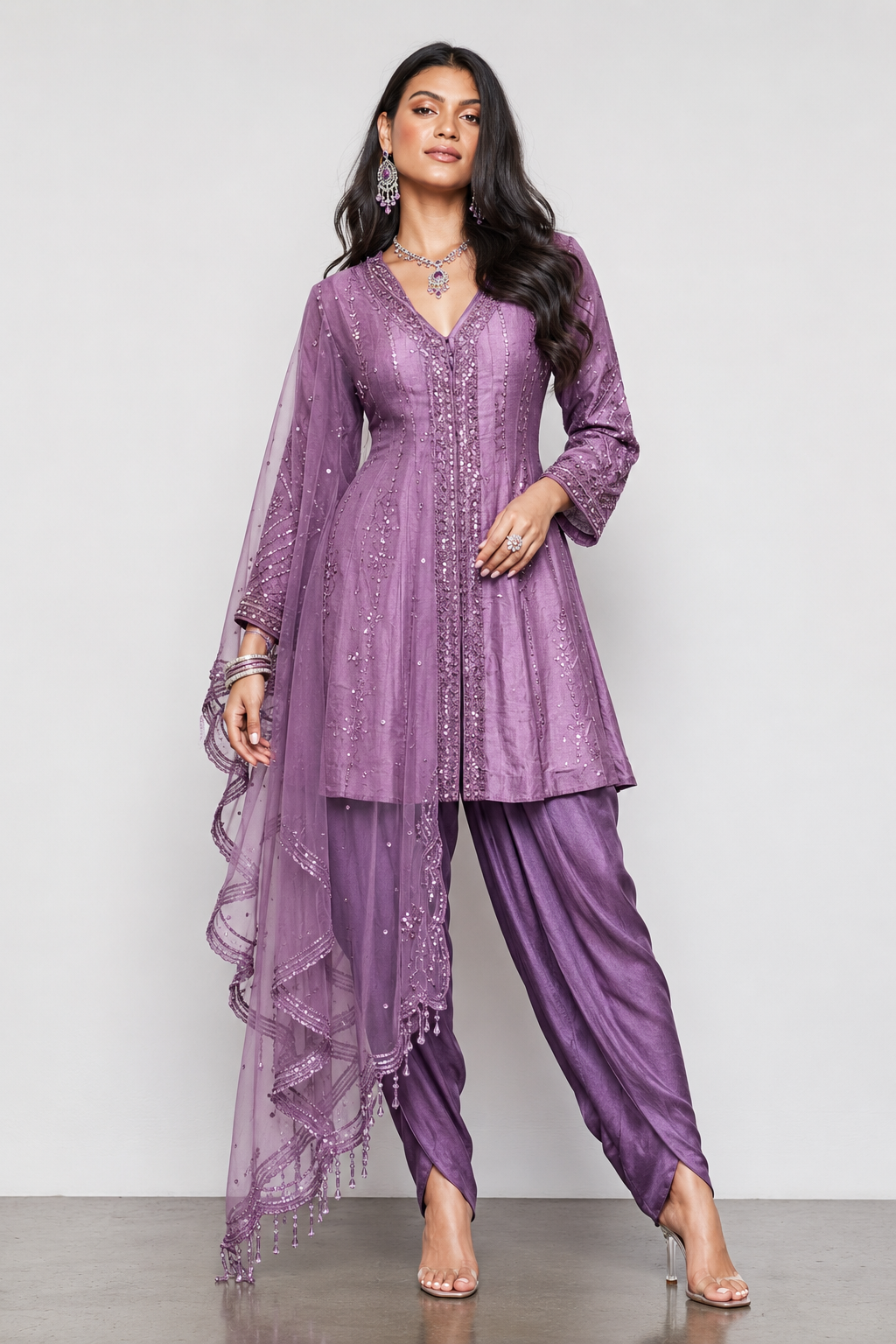 Mauve Silk Indo Western for Women with Resham, Miral, Kundan, Sicon and Moti Work