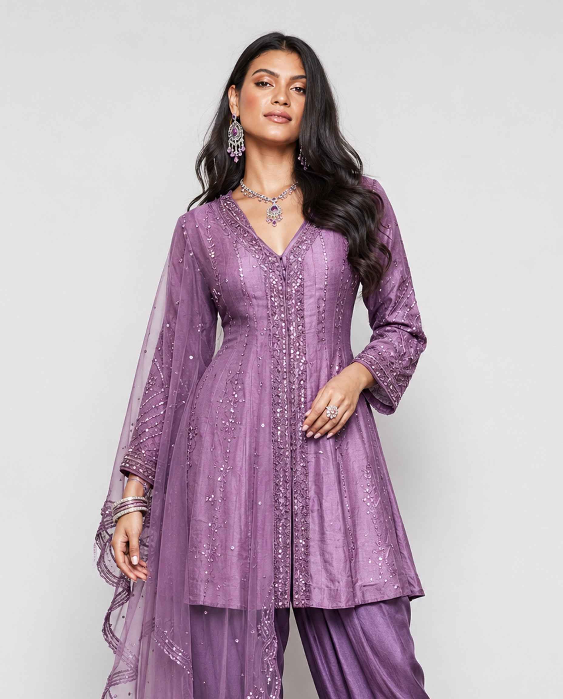Mauve Silk Indo Western for Women with Resham, Miral, Kundan, Sicon and Moti Work