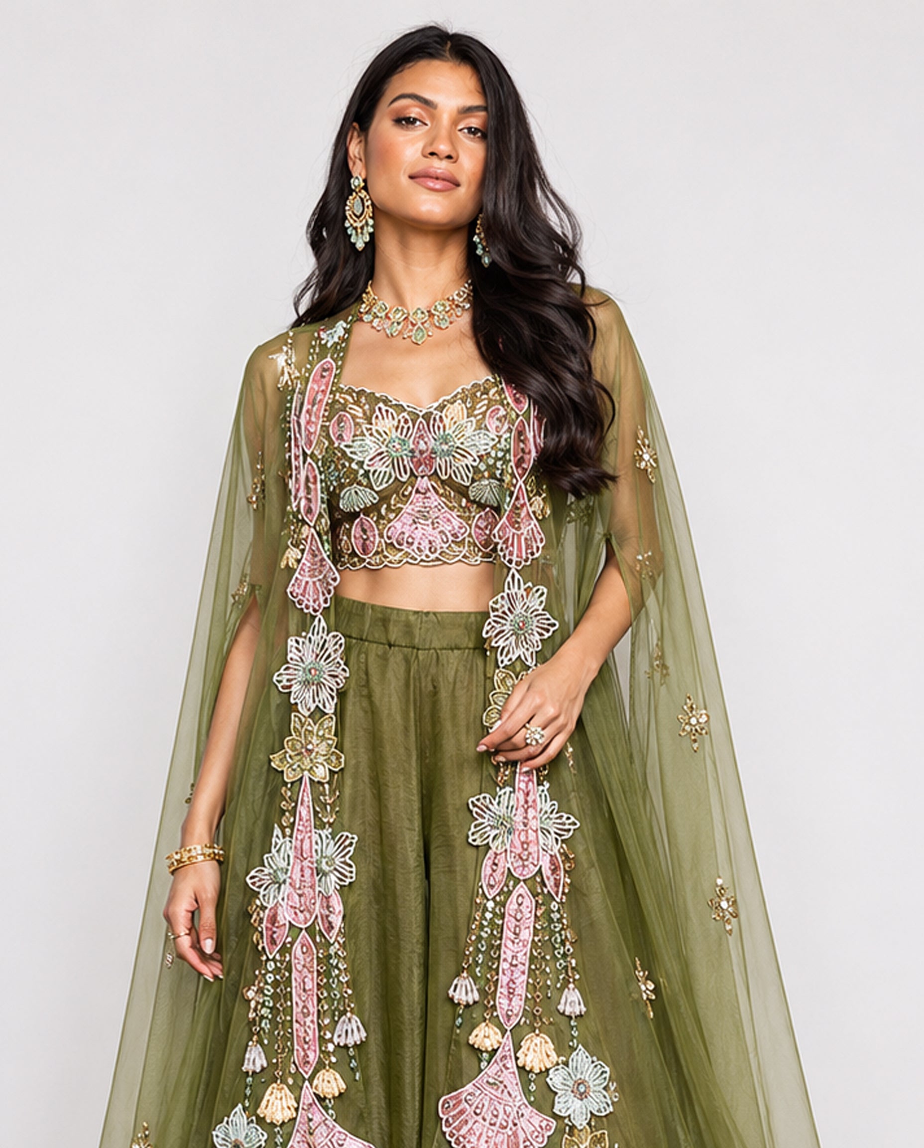 Mehndi Green Organza Silk Indo Western with Moti Resham Mirror and Sequence Work