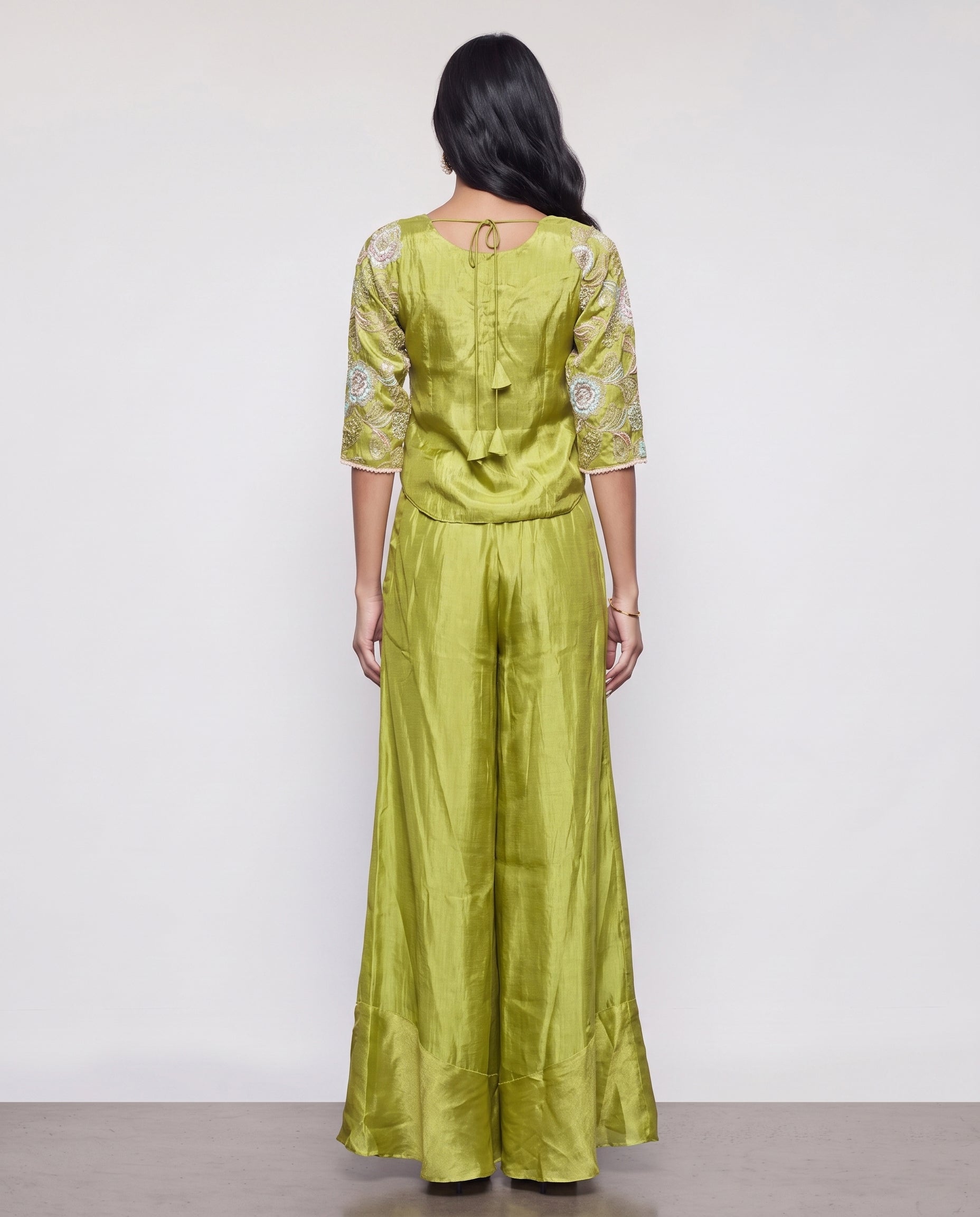 Mehndi Green Tissue Silk Indo Western with Cutdana and Sequence Work