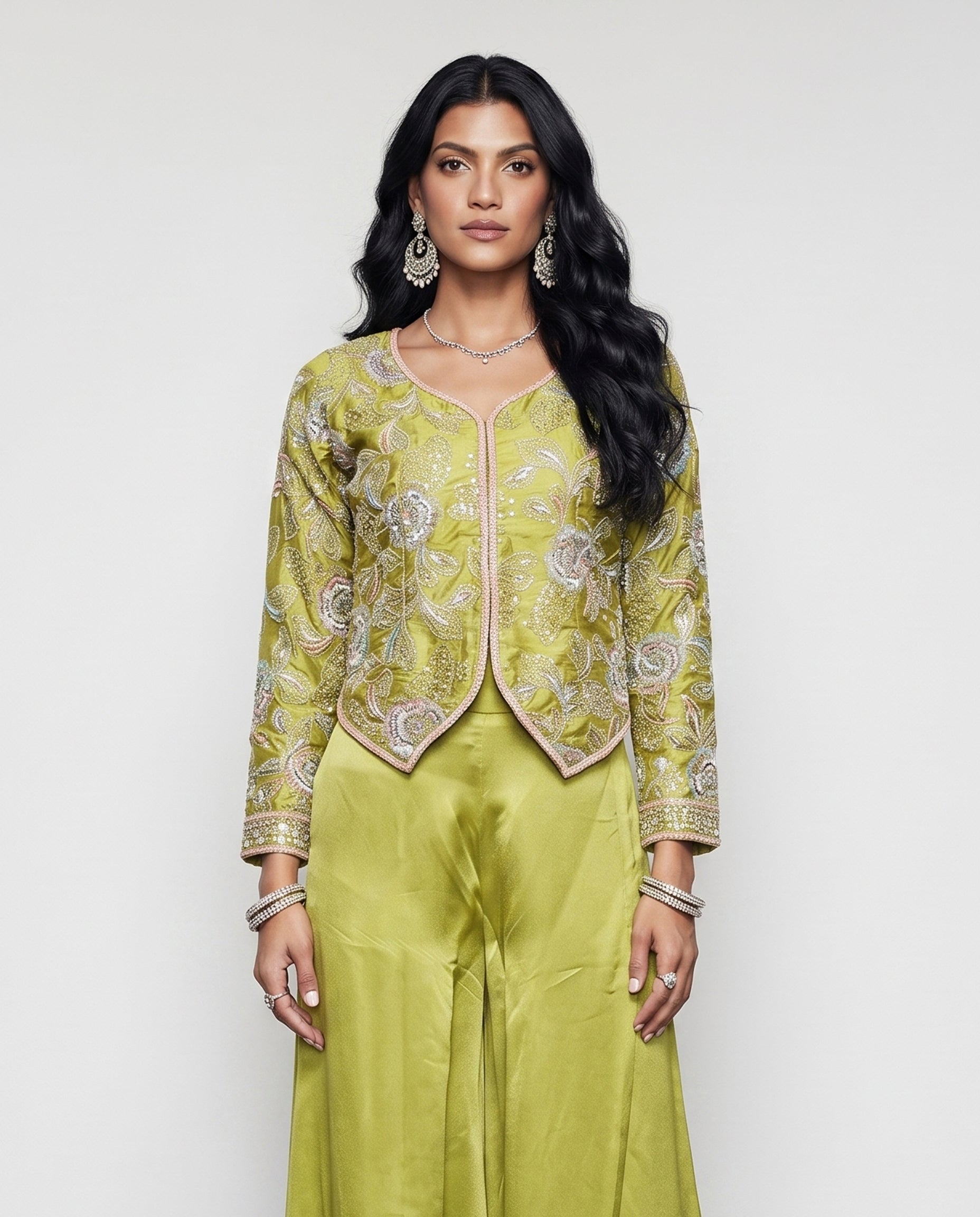 Mehndi Green Tissue Silk Indo Western with Cutdana and Sequence Work