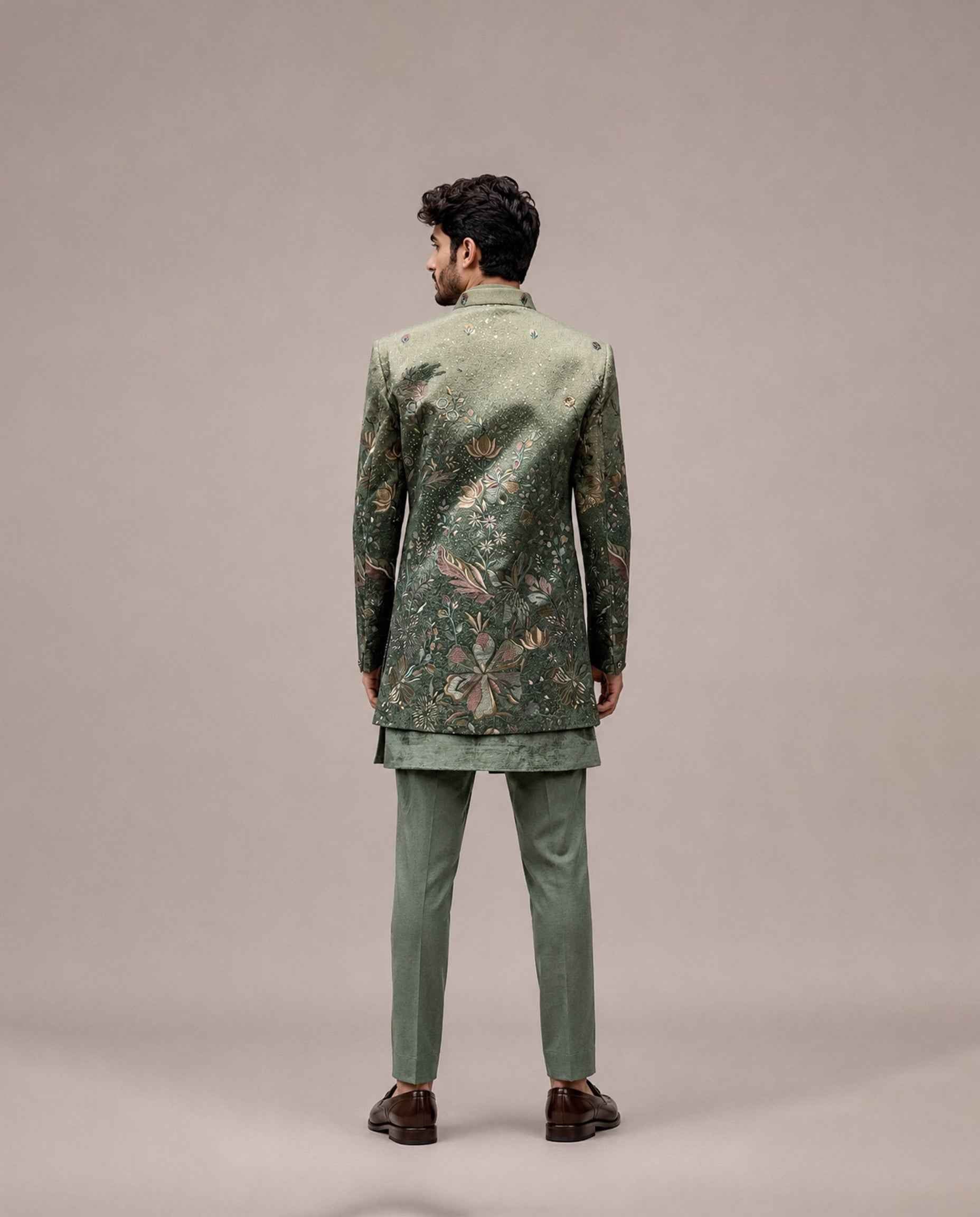 Mehndi Green Velvet Indo Western for Men with Ombre Pattern Machine Embroidery