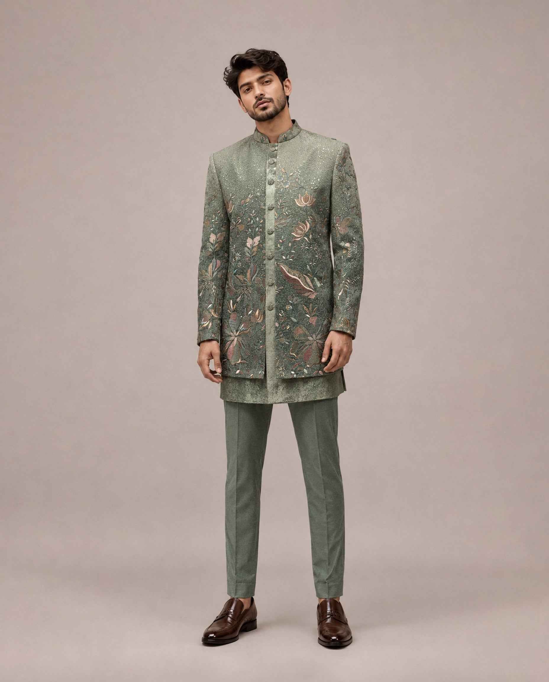 Mehndi Green Velvet Indo Western for Men with Ombre Pattern Machine Embroidery