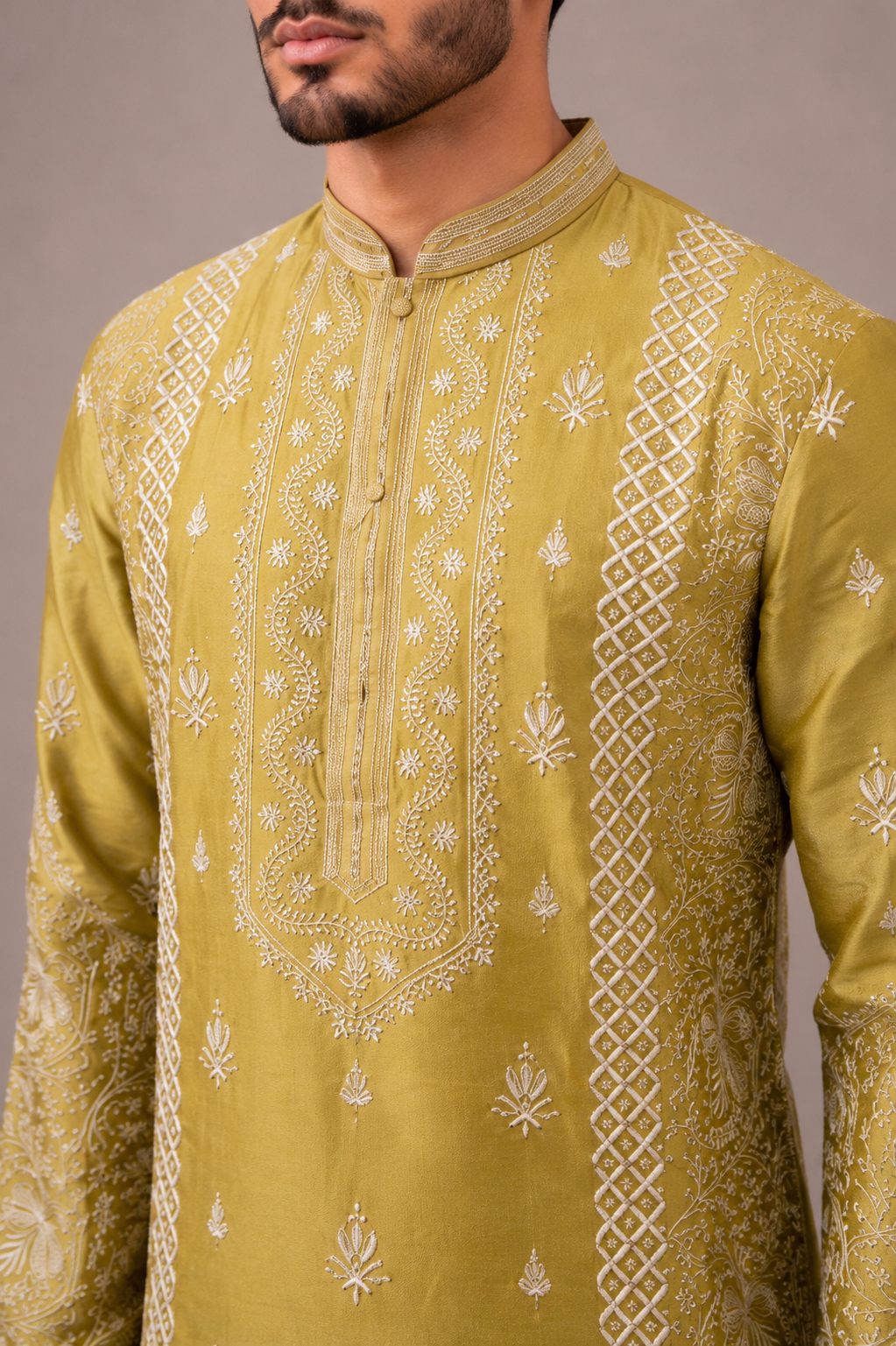 Mehndi Raw Silk Kurta Set with Machine Embroidery Work