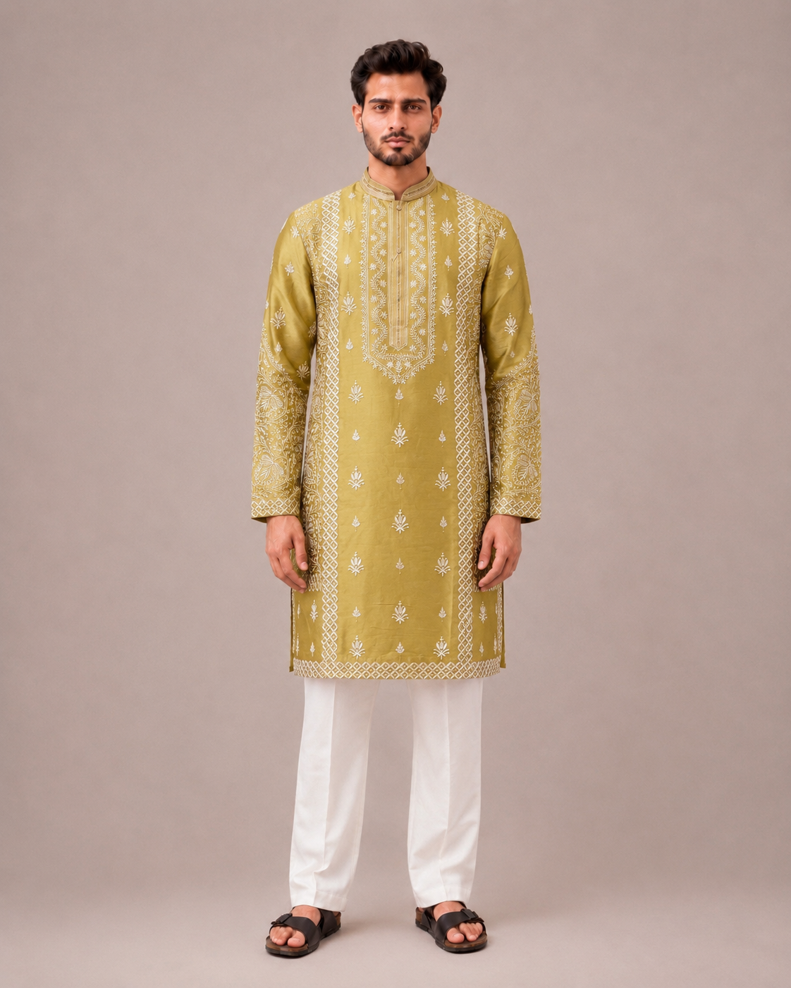 Mehndi Raw Silk Kurta Set with Machine Embroidery Work