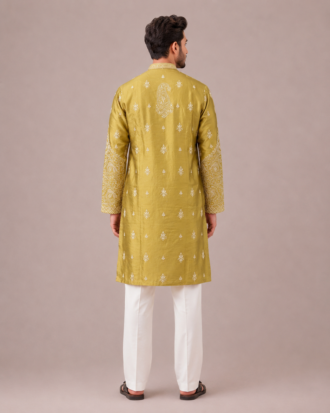 Mehndi Raw Silk Kurta Set with Machine Embroidery Work