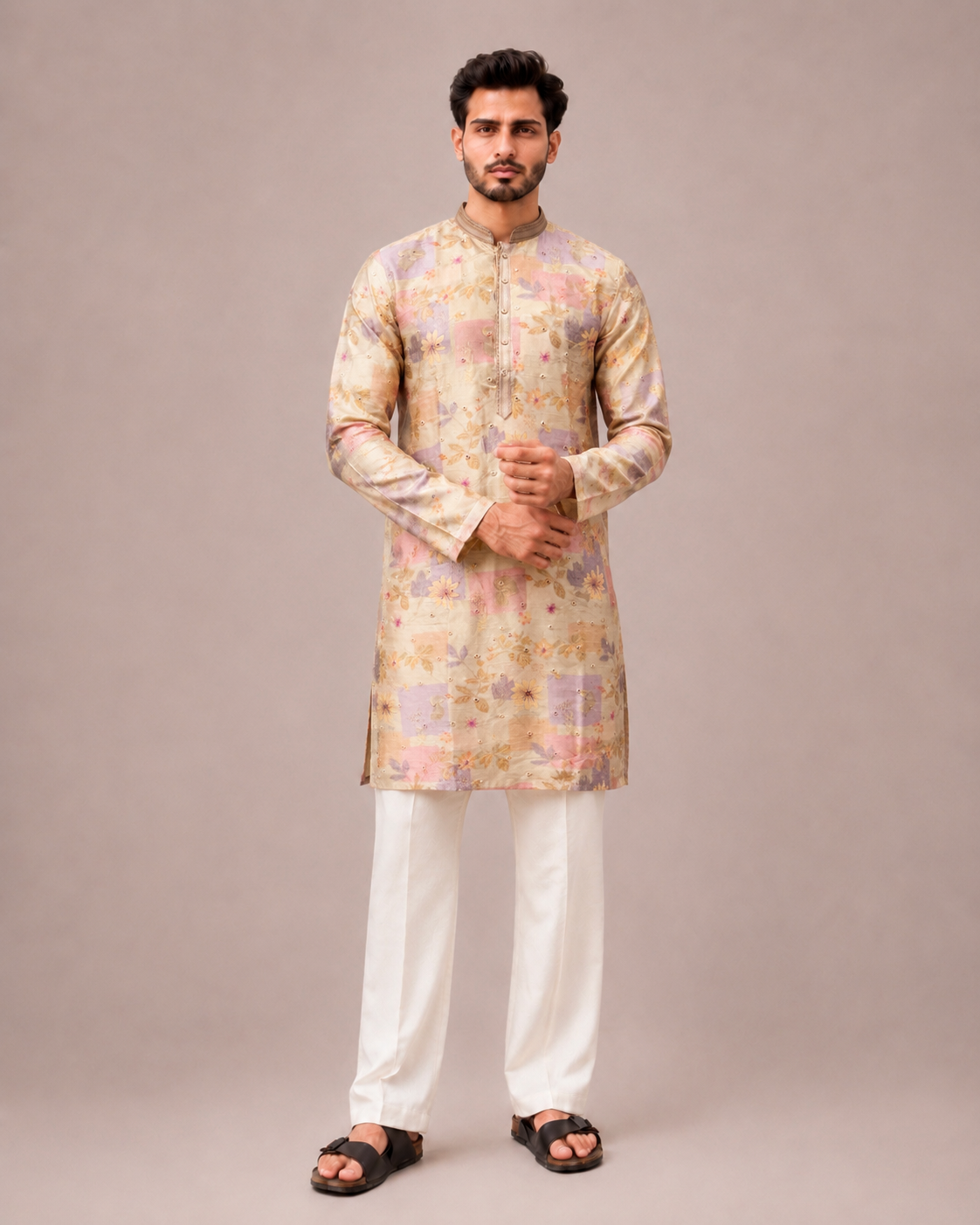 Multi Color Banarasi Silk Kurta Set with Artistic Print Work