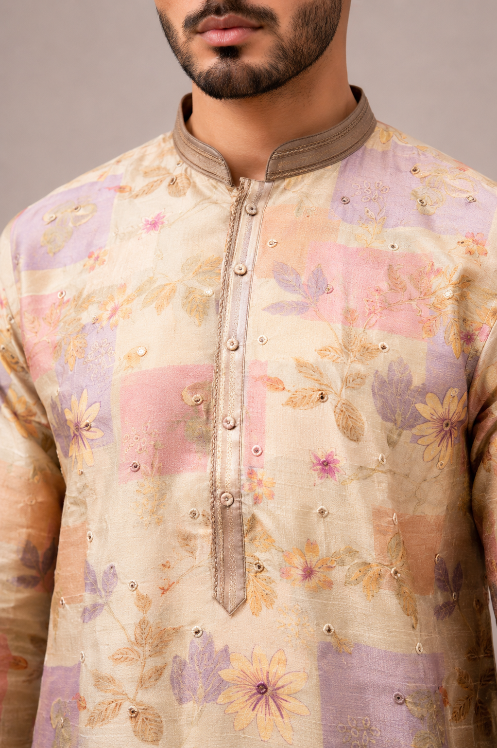Multi Color Banarasi Silk Kurta Set with Artistic Print Work