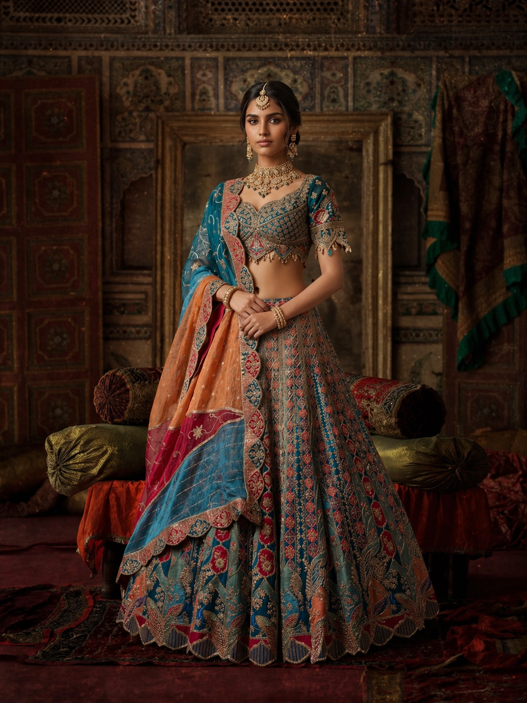 Multi Color Raw Silk Lehenga Choli
