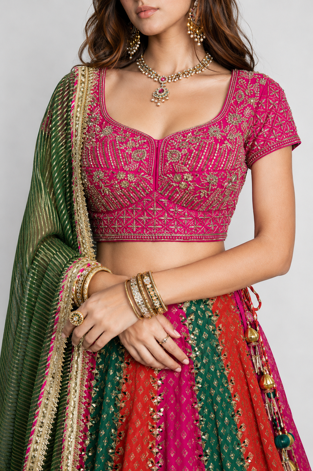 Multicolor Banarasi Silk Lehenga Choli with Kardana, Moti, Zardozi, Diamond and Gath Work