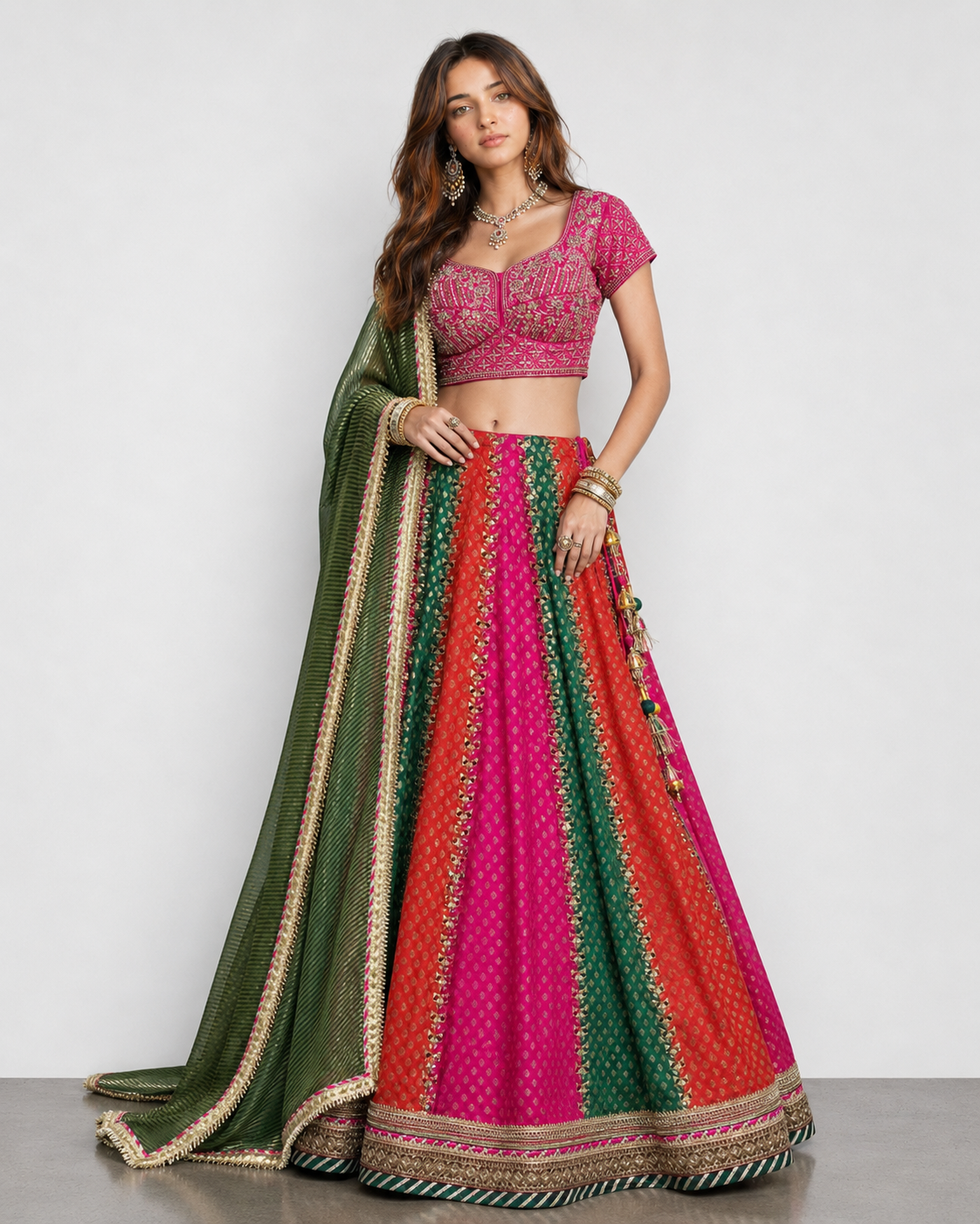 Multicolor Banarasi Silk Lehenga Choli with Kardana, Moti, Zardozi, Diamond and Gath Work