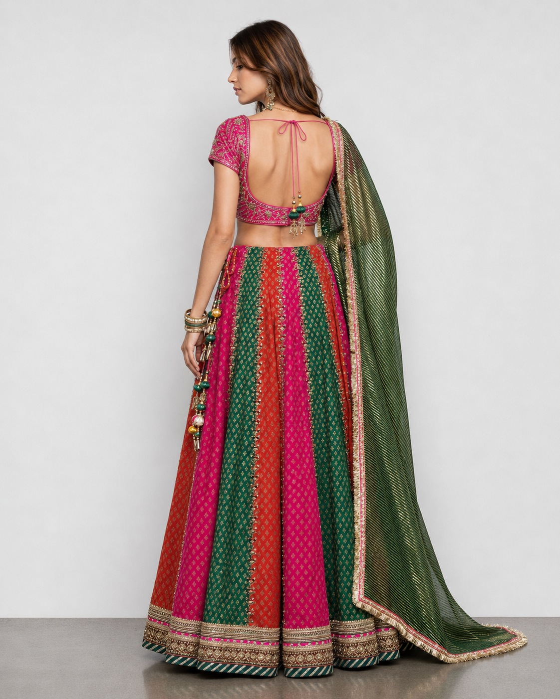 Multicolor Banarasi Silk Lehenga Choli with Kardana, Moti, Zardozi, Diamond and Gath Work