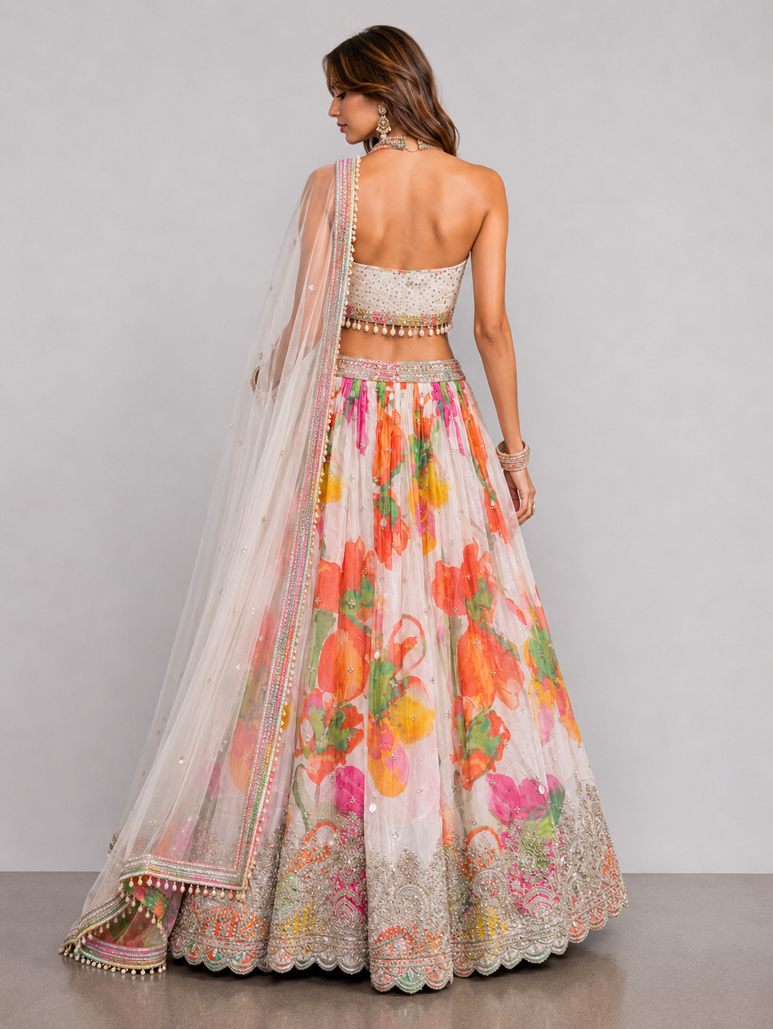 Multicolor Chiffon Silk Choli with Zari Codi Work and Sequins Flower Print