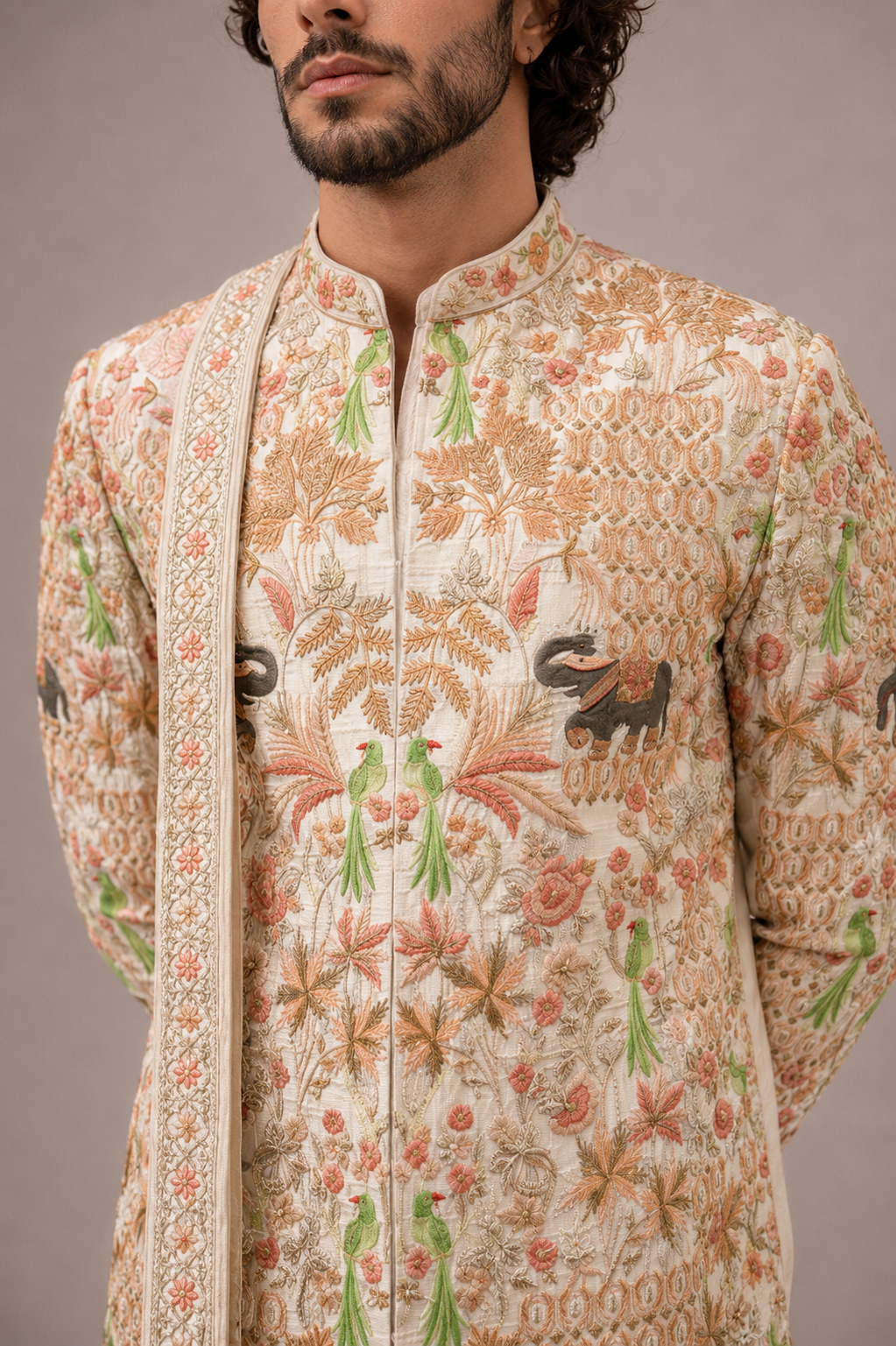 Multicolor Pure Silk Sherwani for Men with Hand Work