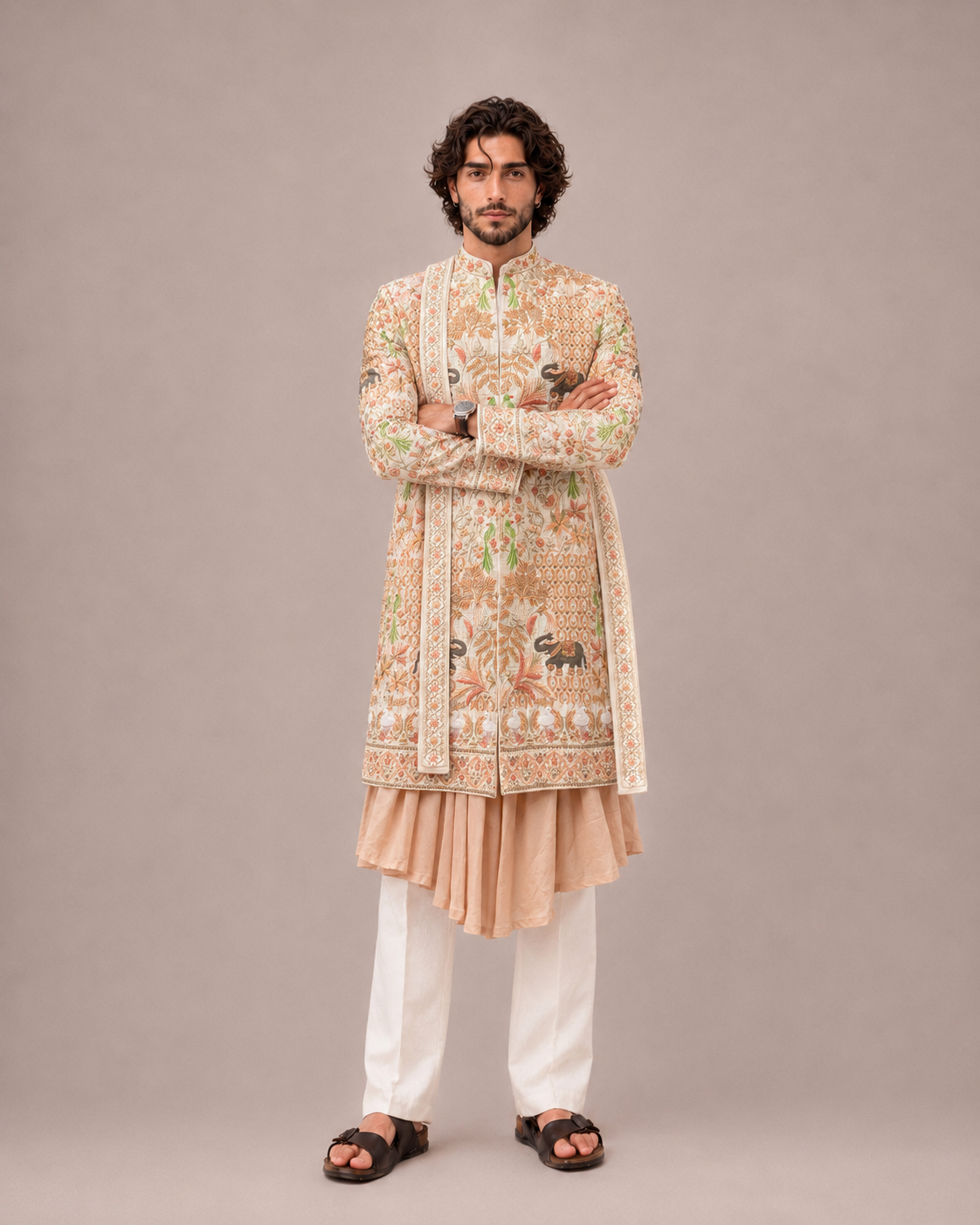 Multicolor Pure Silk Sherwani for Men with Hand Work