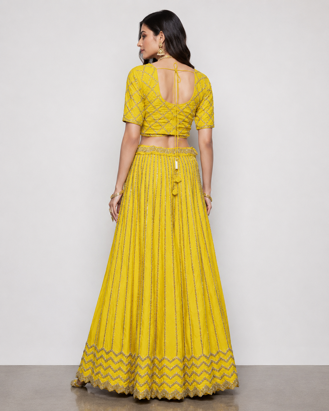 Mustard Raw Silk Lehenga Choli with Kardana and Moti Work